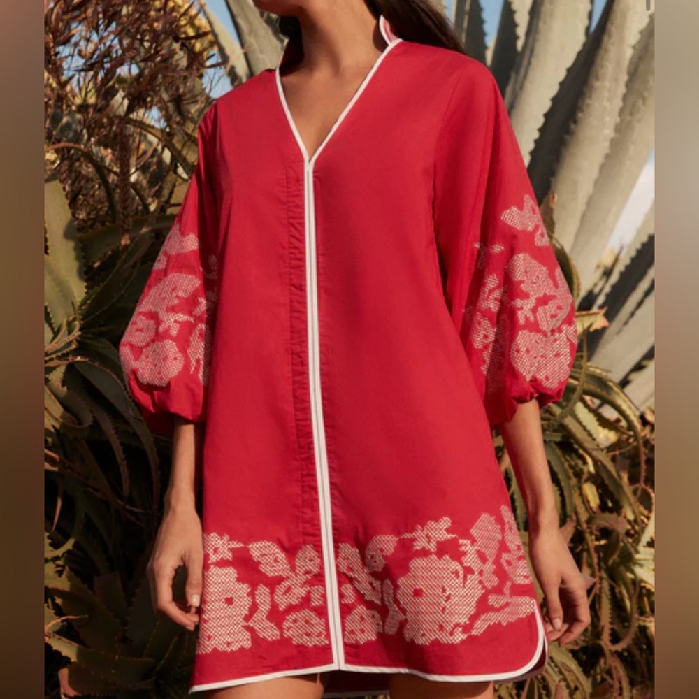 Hyacinth House Arem Caftan Embroidered Mini Dress Red Balloon Sleeve XL READ